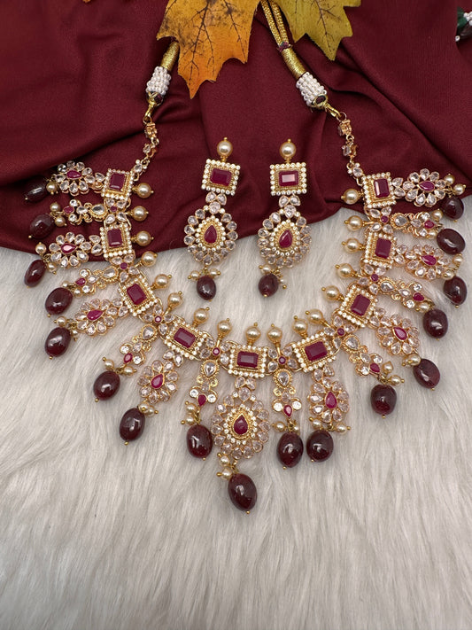 Polki 6 Carat Gold Plated Neckline Color Stone Necklace - Red