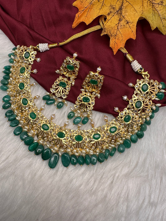 Polki 6 Carat Gold Plated Emerald Neckline Hyderabadi Nawabi Necklace