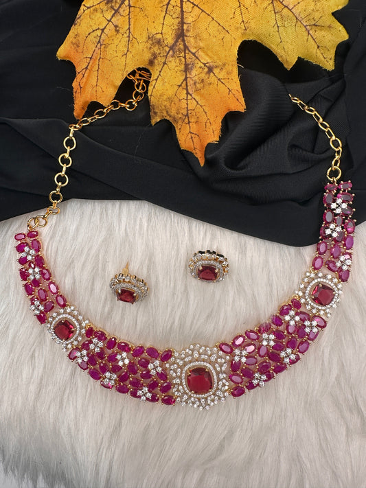 AD Neckline Color Stone Short Necklace - Red