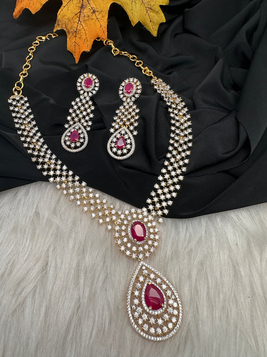 AD Diamond Finish  Color Short Necklace - Red