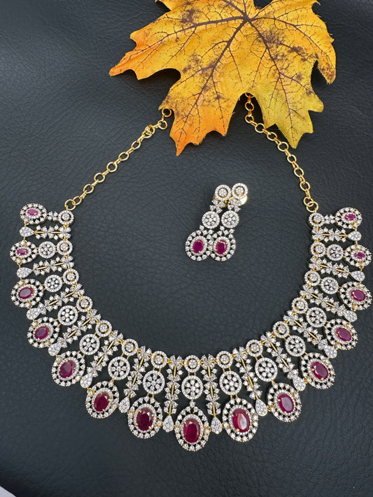 AD Diamond Finish Statement Neckline Color Short Necklace - Red