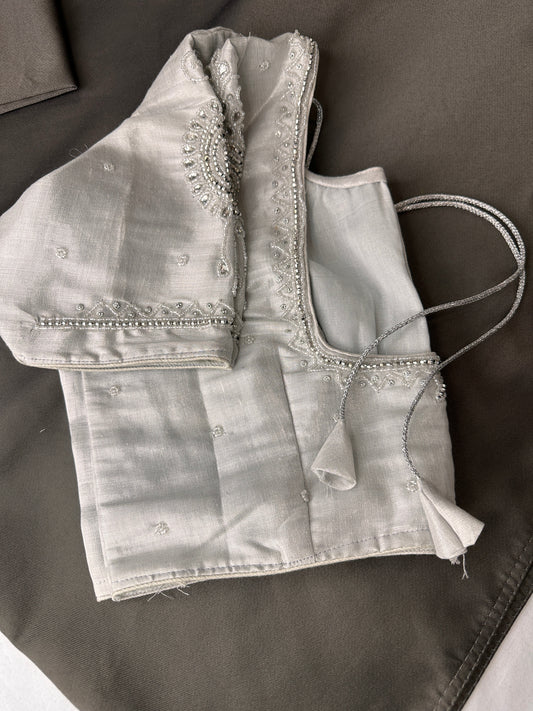 Silver Tissue Silk Embroidery Aari Work Blouse