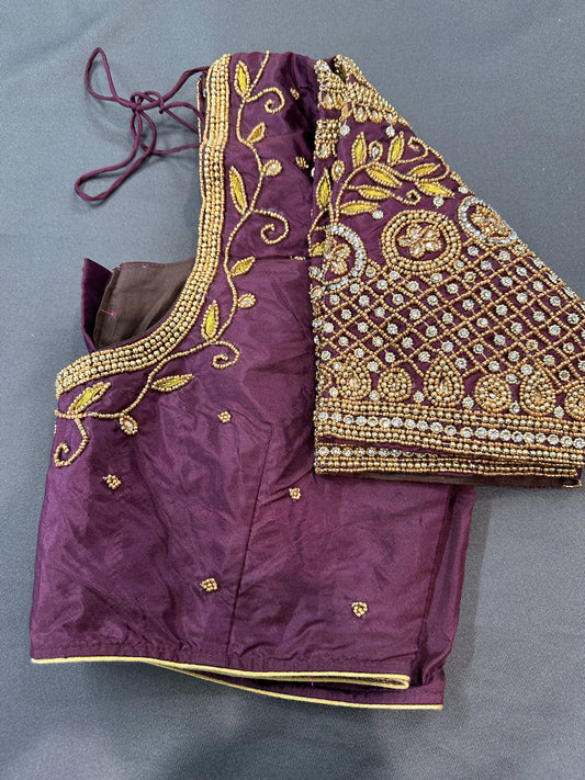 Plum Purple Silk Maggam Aari Work Blouse