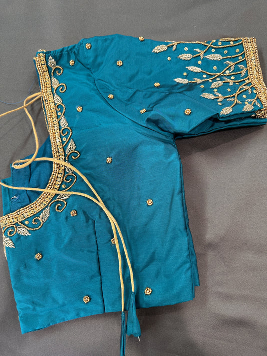 Teal Blue Silk Maggam Aari Work Blouse