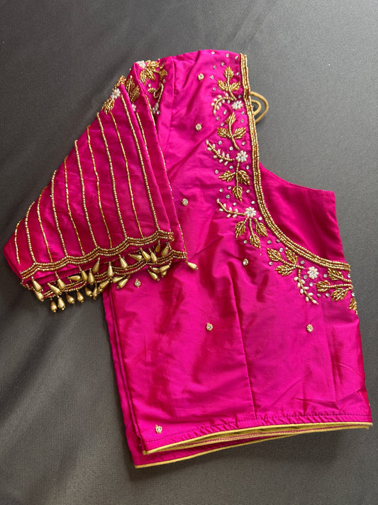 Pink Silk Maggam Aari Pearl Work Blouse