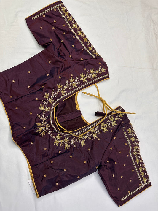 Plum Brown Pearl Kardana Maggam Aari Work Blouse