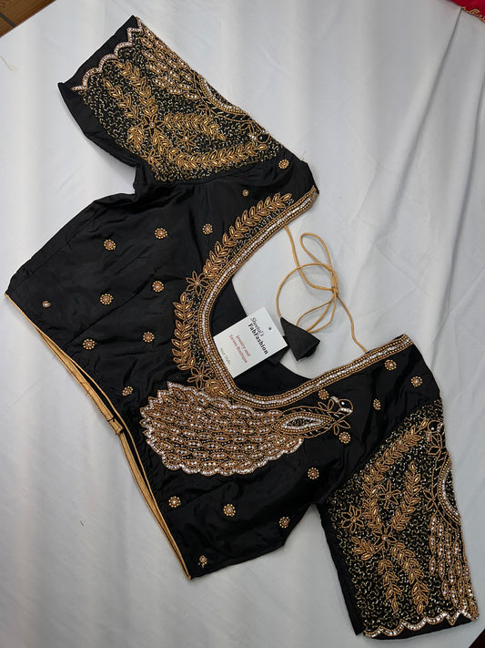 Peacock Zig Zag Maggam Aari Black Blouse