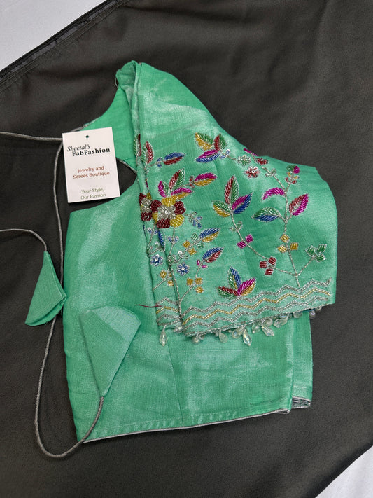 Tissue Green Multi Color  Maggam Blouse