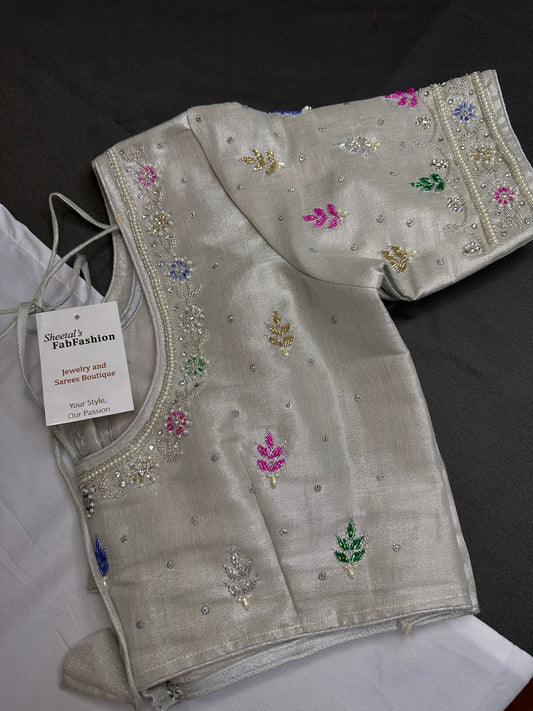 Silver Tissue Multi Color Maggam Blouse