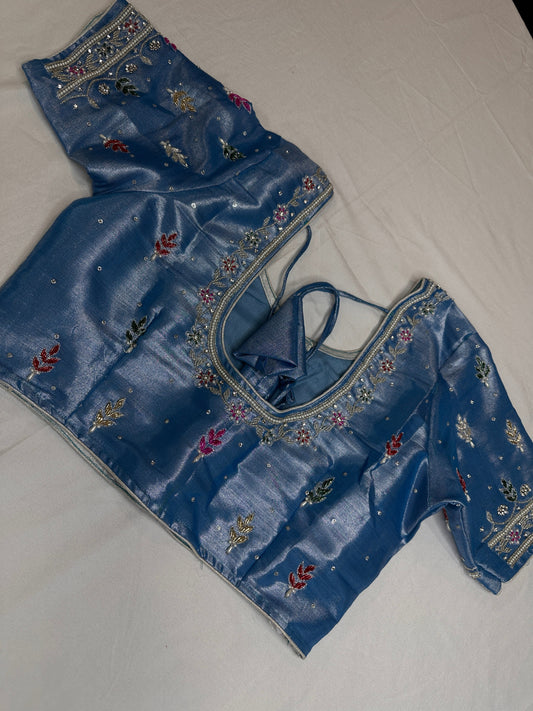 Tissue Multi Color Blue Maggam Blouse
