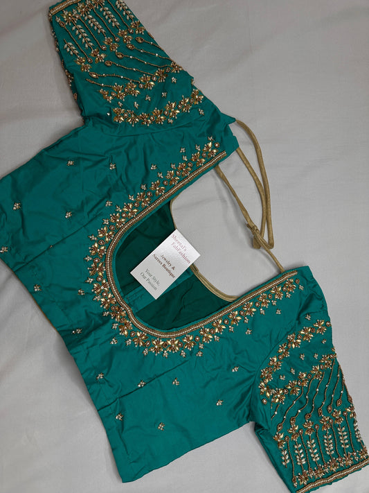 Teal Kardana Pearls Maggam Blouse