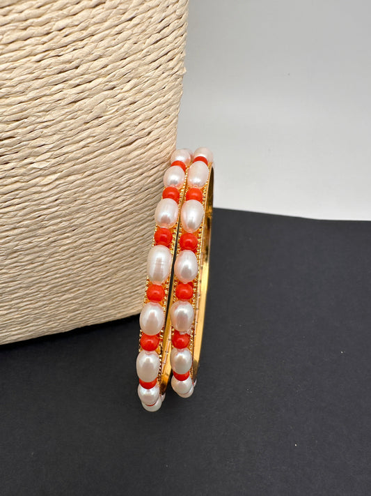 Simple Real Pearl and Coral Bangles