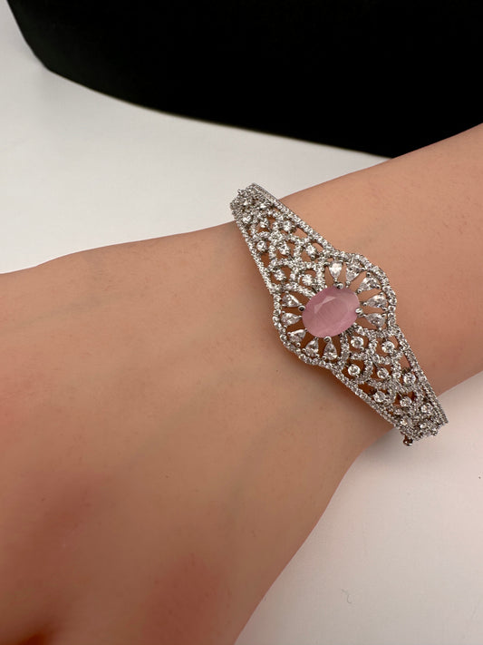 Silver Color Stone Openable Bracelet - Pink