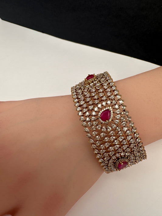 AD Color Stone Openable Matte Kada Bracelet - Red