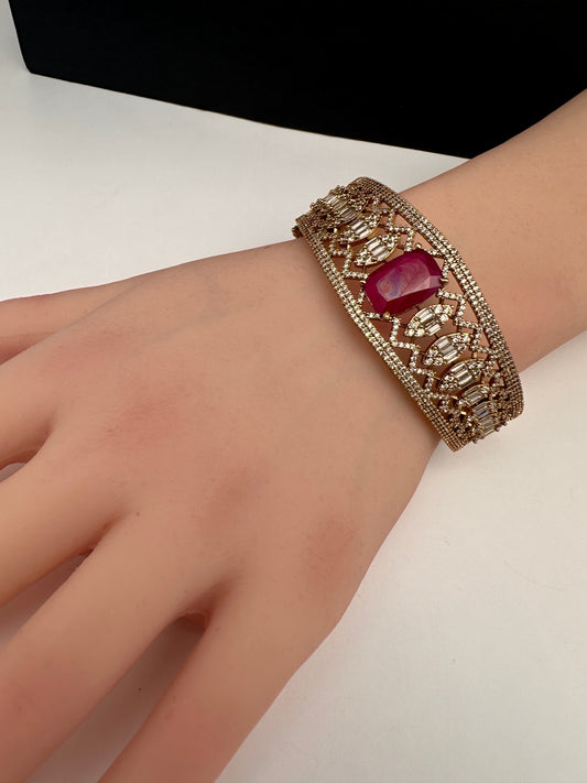 AD Color Stone Openable Matte Kada Bracelet - Red