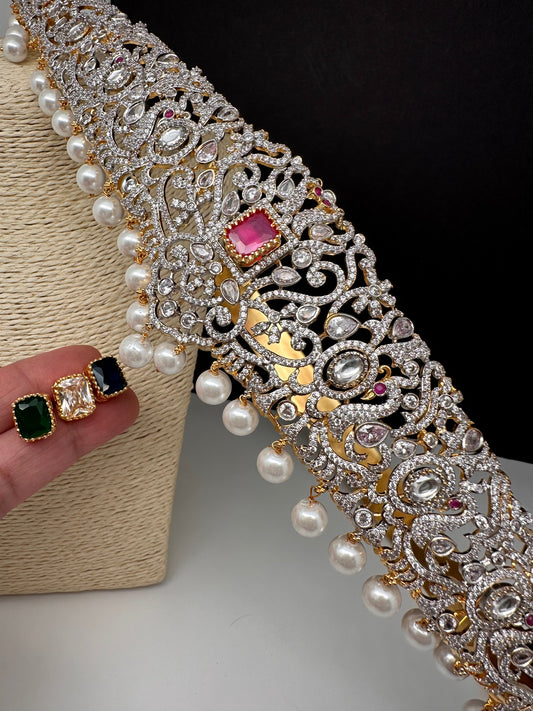 AD Diamond Finish Changeable Color Stone Pearls Hip Belt Kamarbandh