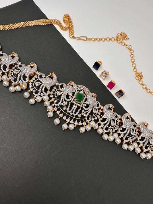 AD Peacock Changeable Color Stone Pearls Peacock Design Hip Chain Kamarbandh