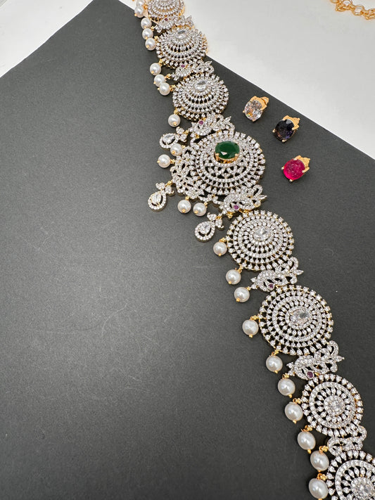 AD Diamond Changeable Color Stone Pearls Peacock Design Hip Chain Kamarbandh