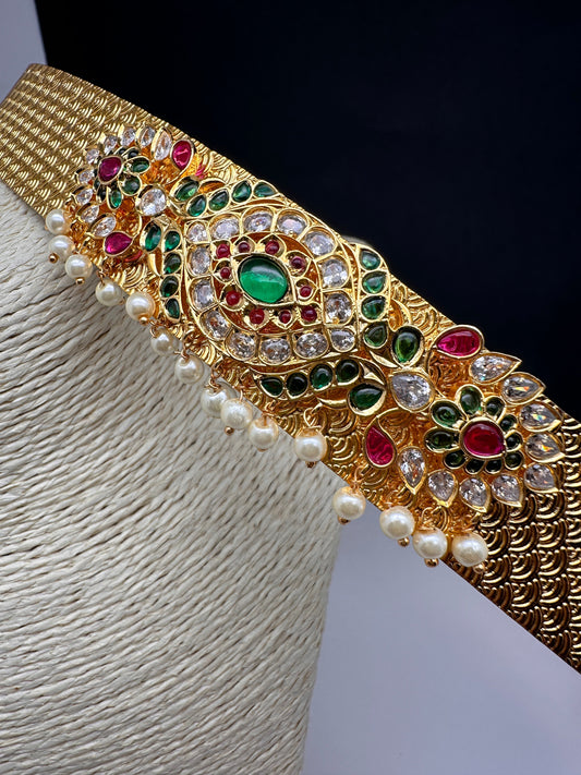 Red Green CZ Patterned Self Design Hip Belt - Green