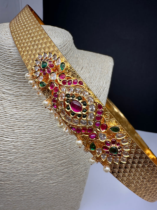 Red Green CZ Patterned Self Design Hip Belt - Red