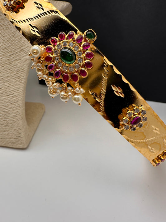 Red Green CZ Patterned Self Design Hip Belt - Green