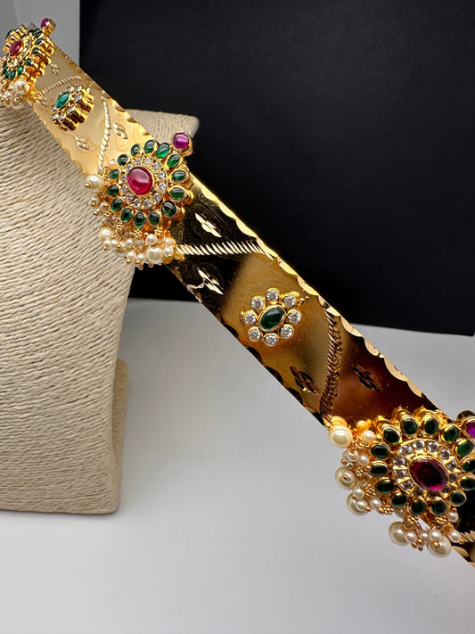 Red Green CZ Patterned Self Design Hip Belt - Red