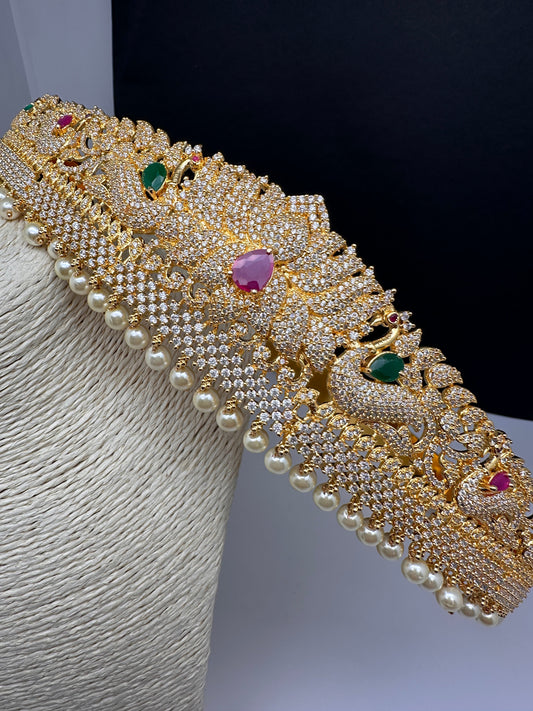 CZ Red Green Stones Lotus Gold Finish Hip Belt Vaddanam