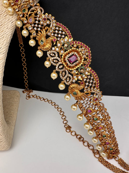 Peacock AD Red Green Stone Matte Finish Kids Waist Chain Vaddanam