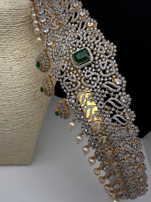 AD Diamond Finish Emerald Green Stone Hip Belt Kamarbandh