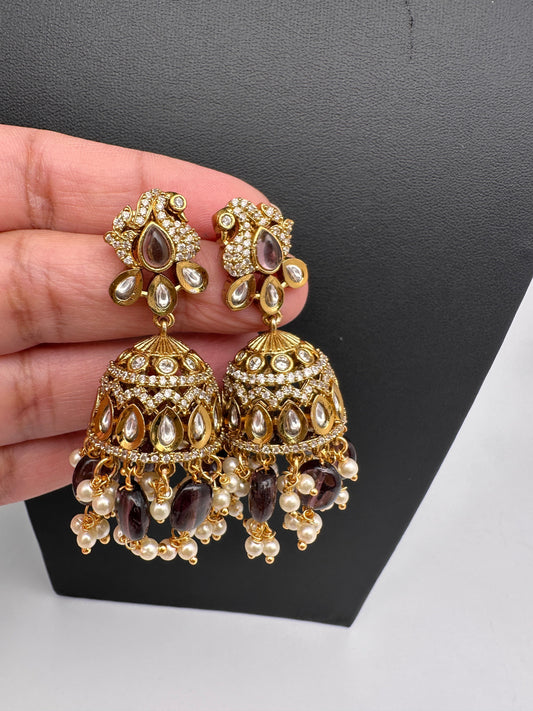 AD Peacock Color Stone Victorian Jhumkas - Purple