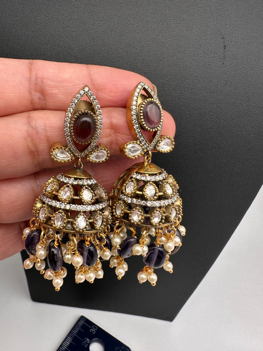 AD Color Stone Victorian Jhumkas - Purple