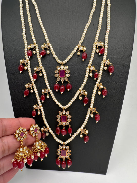 Pearl Multi Layer Color Stone Teen Lada Necklace - Red