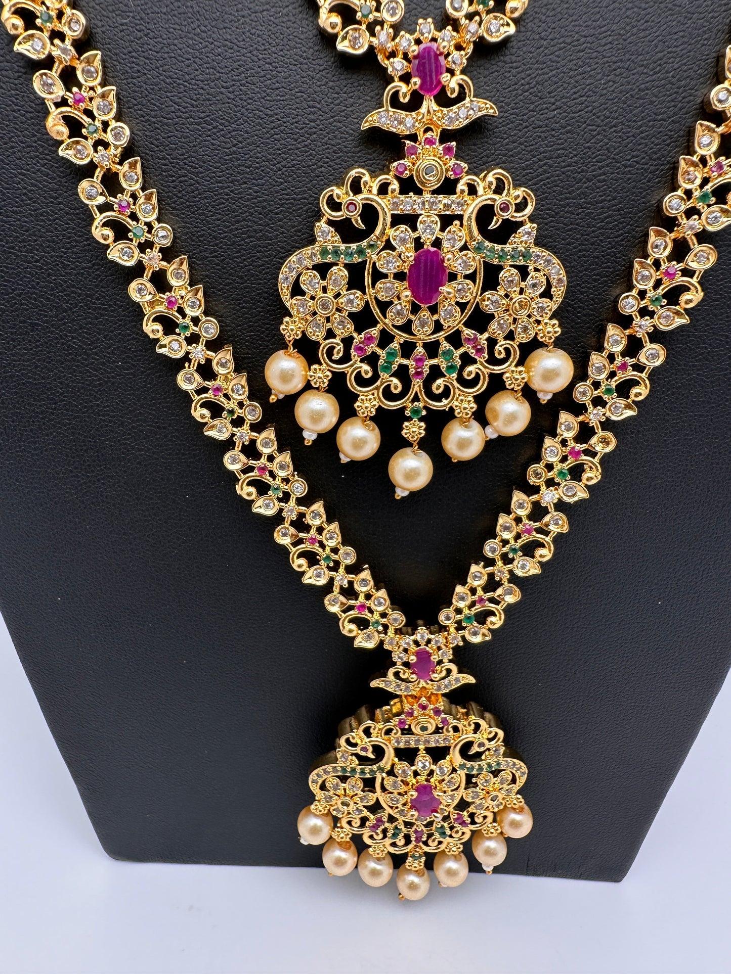 American Diamond Golden Red Green Stone Long Short Combo Necklace Set