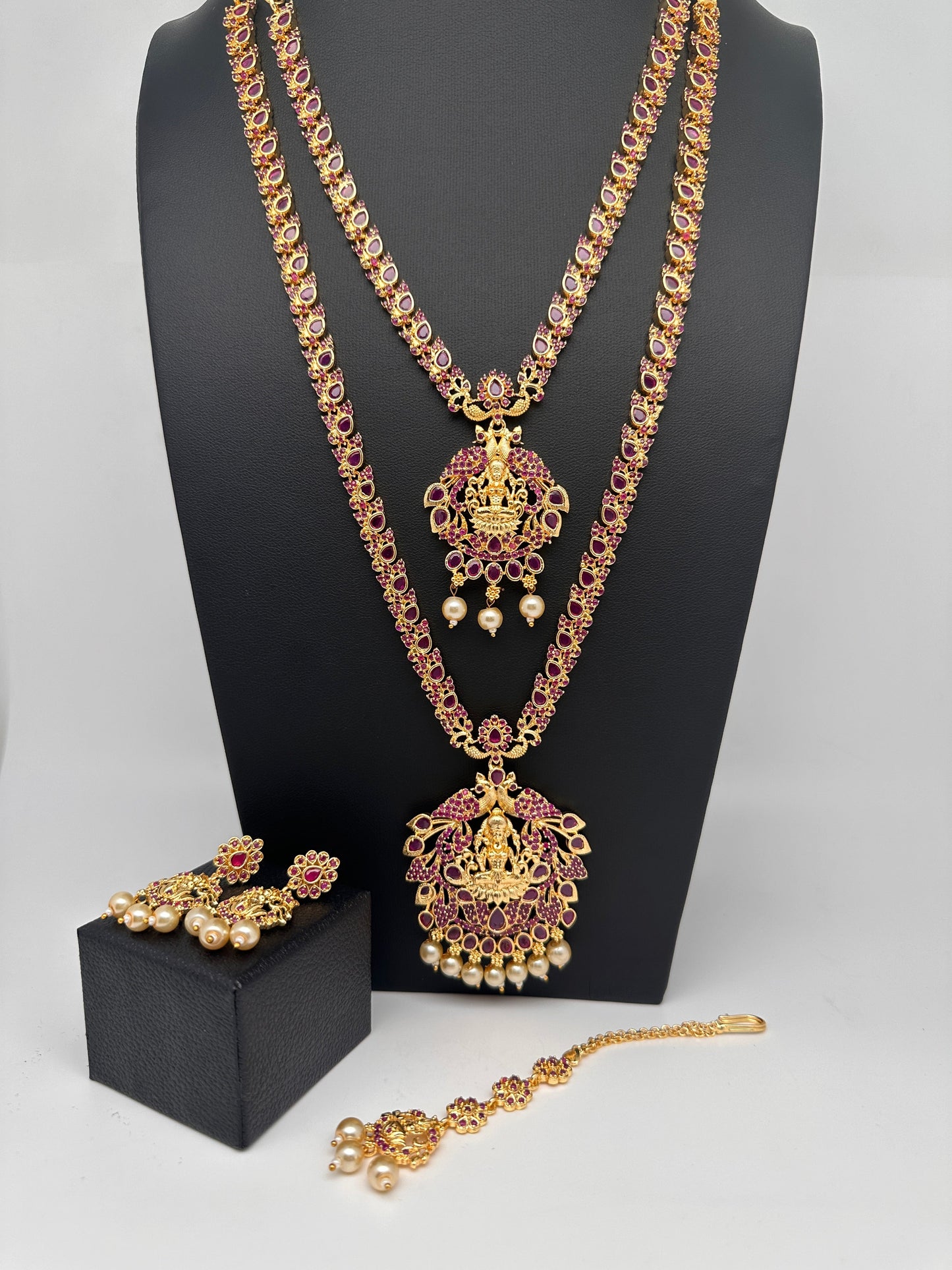 Goddess Lakshmi Red Stone CZ Long Short Combo Necklace Set