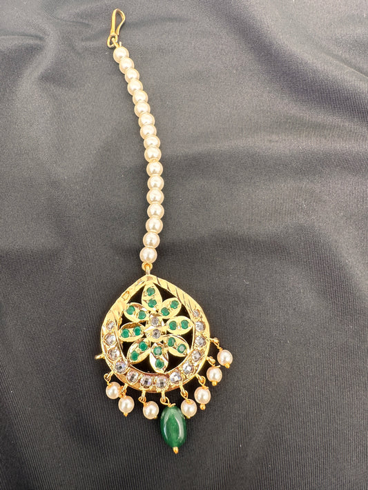 Green Stone Hyderabadi Jadau Pearls Golden Maangteeka