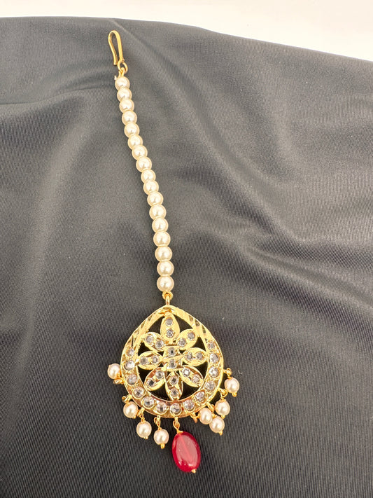 Clear Stone Hyderabadi Jadau Pearls Golden Maangteeka