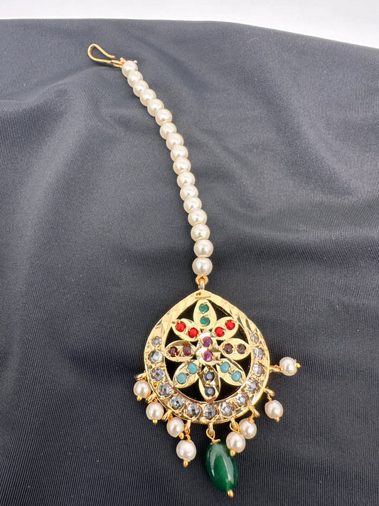 Navratan Stone Hyderabadi Jadau Pearls Golden Maangteeka