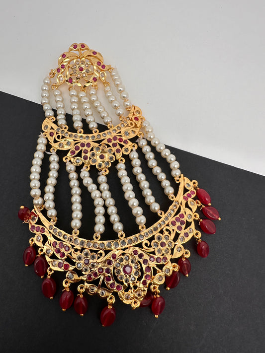 Color Stone Hyderabadi Jadau Pearls Golden Jhoomar - Red