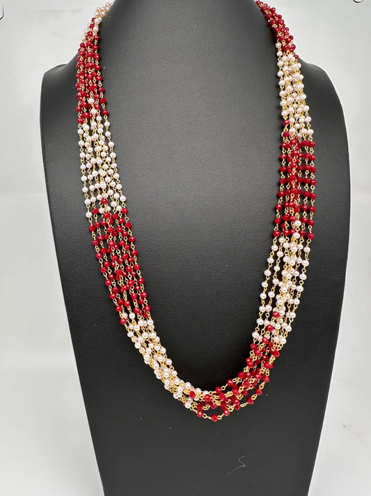Pearl Bunch Multi Color 8 Line Necklace - Red