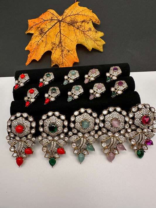 Victorian Floral Color Stone Pendent Set - Pink