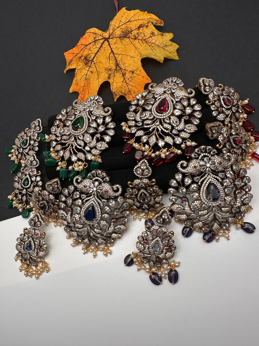 Polki AD Color Stone Victorian Pendent Set - Green