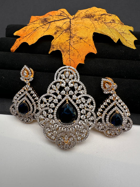 AD Diamond Finish Color Stone Pendent Set - Blue