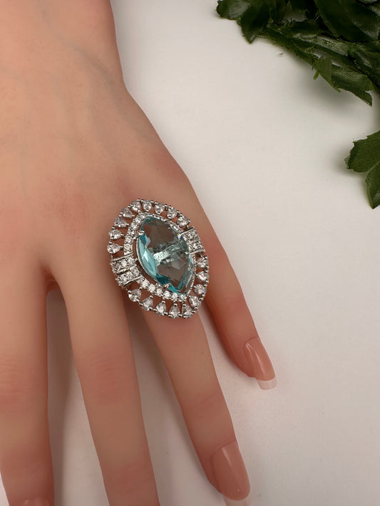AD Silver Adjustable Color Stone Cocktail Ring - LightBlue