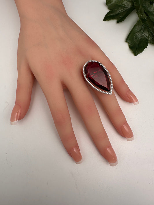 AD Silver Finish Adjustable Color Stone Cocktail Ring - Red