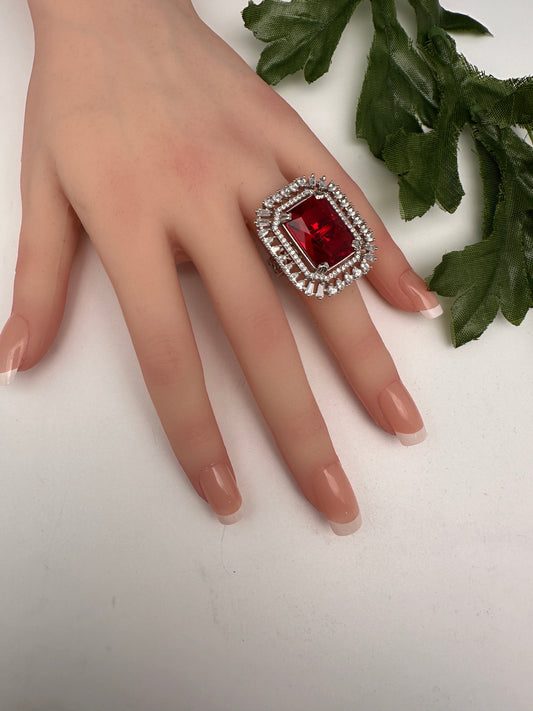 CZ Silver Finish Adjustable Color Stone Cocktail Ring - Red