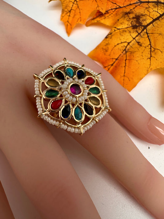 Kundan Pearls Adjustable Color Stone Cocktail Ring - Red