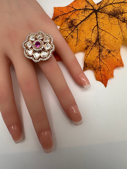 AD Kundan Color Stone Adjustable Color Stone Cocktail Ring - Red