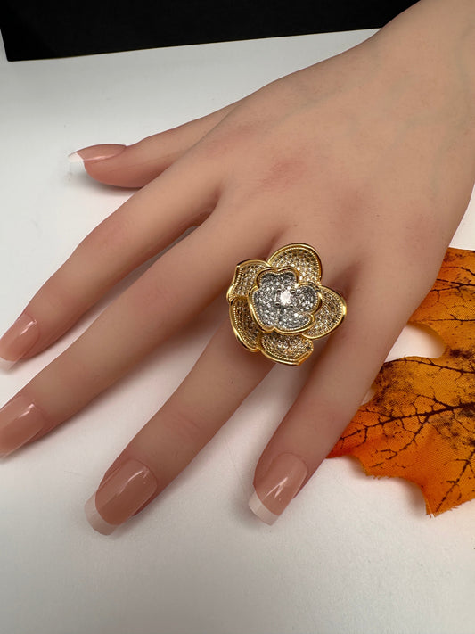Floral Nano AD Color Stone Adjustable Color Stone Cocktail Ring - Gold