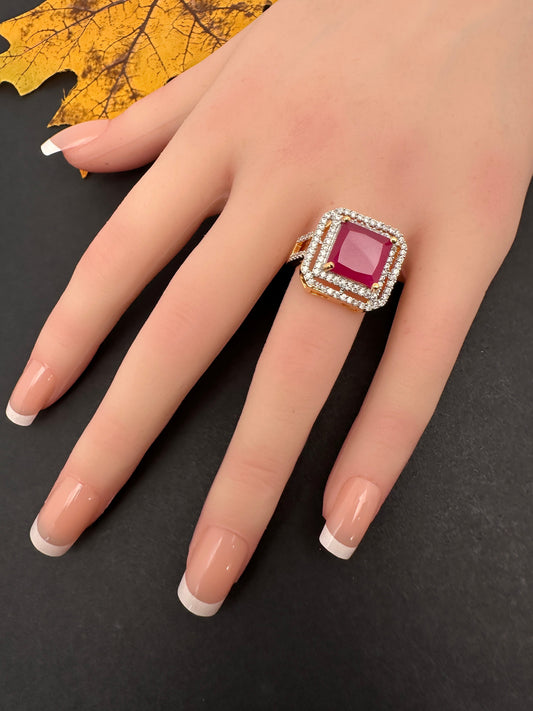 AD Color Stone Adjustable Color Stone Cocktail Ring - Red