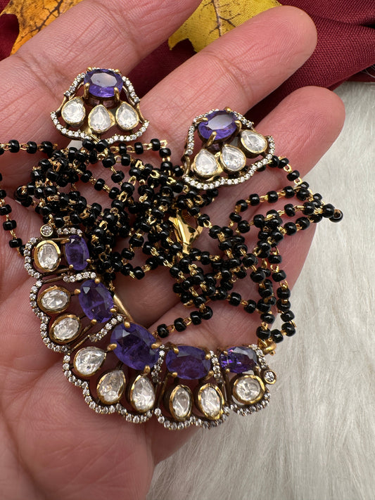 Purple Moissanite Black Beads  92.5 Silver Chain